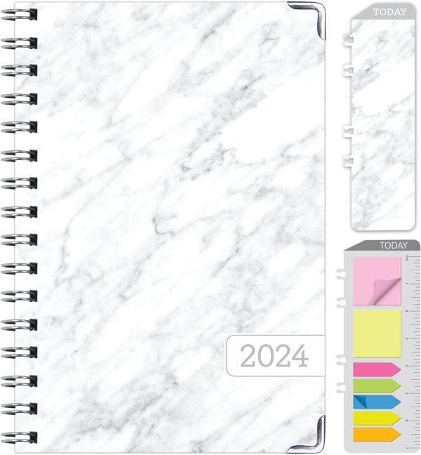 Sleek and Stylish 2024 Planner: Plan Your Way to Success with the HARDCOVER 5.5x8 Daily Weekly Monthly Planner Yearly Agenda. Includes Bookmark, Pocket Folder, and Sticky Note Set in Elegant Grey Marble Design.