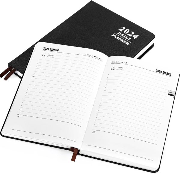 KESOTE 2024 Daily Hourly Planner - One Page a Day, 2024 Diary Planner 5.7 x 8.3  Hardcover Monthly Planner Agenda 12 Month, A5 College Notebook Planner, Black