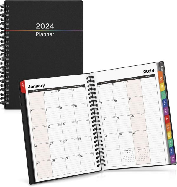 Dunwell Colorful Planner 2024 - Compact Spiral Bound Planner with Monthly Tabs and Bookmark