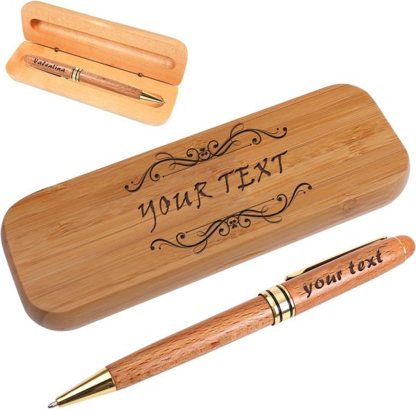 AOK Personalized Custom Engraved Wood Ballpoint Pen with Personalized Case - Wood Pen Set for Lawyers, Doctors, Teachers, Graduates, Students (Light Brown)