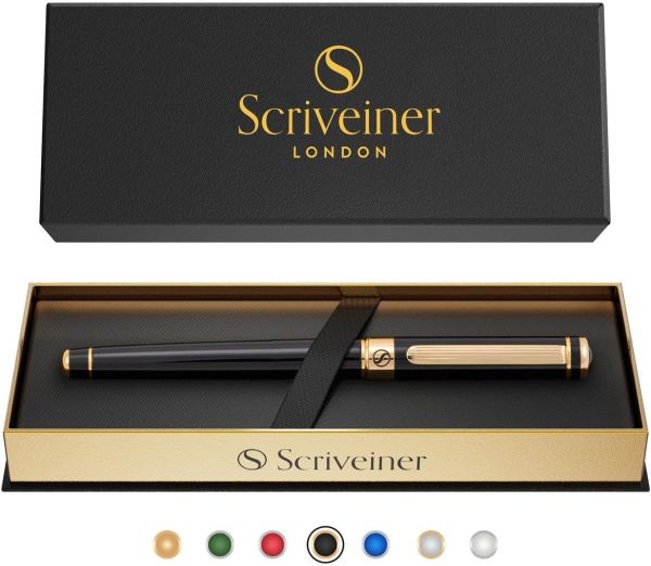 Scriveiner Black Lacquer Rollerball Pen - Luxury Writing Instrument with 24K Gold Finish