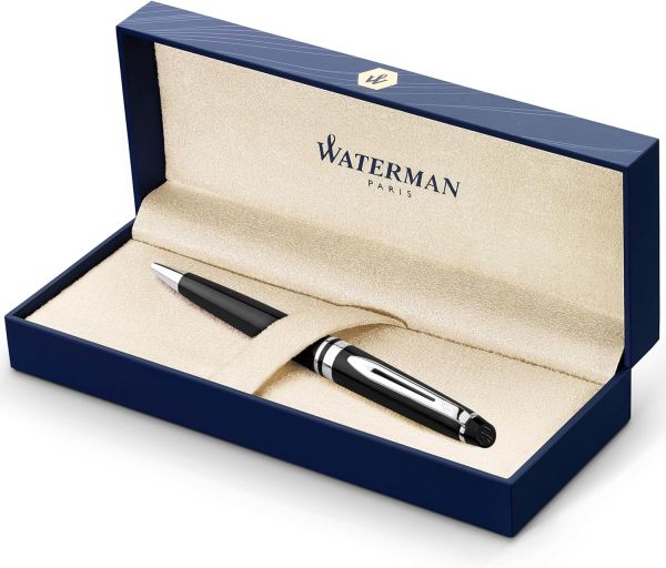 Waterman Expert Ballpoint Pen, Gloss Black with Chrome Trim, Medium Tip, Blue Ink, Gift Box, Holiday Gifts for Men, Christmas Gifts for Women, Stocking Stuffer