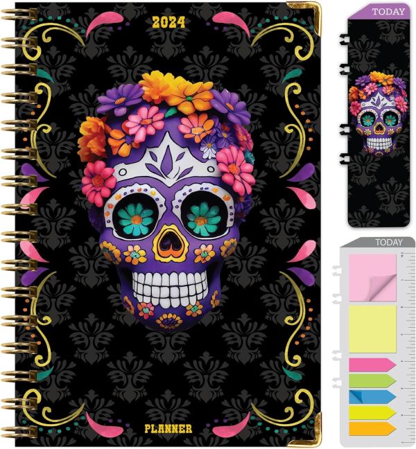 HARDCOVER 2024 Planner: (November 2023 Through December 2024) 5.5 x8  Daily Weekly Monthly Planner Yearly Agenda. Bookmark, Pocket Folder and Sticky Note Set (Sugar Skull)