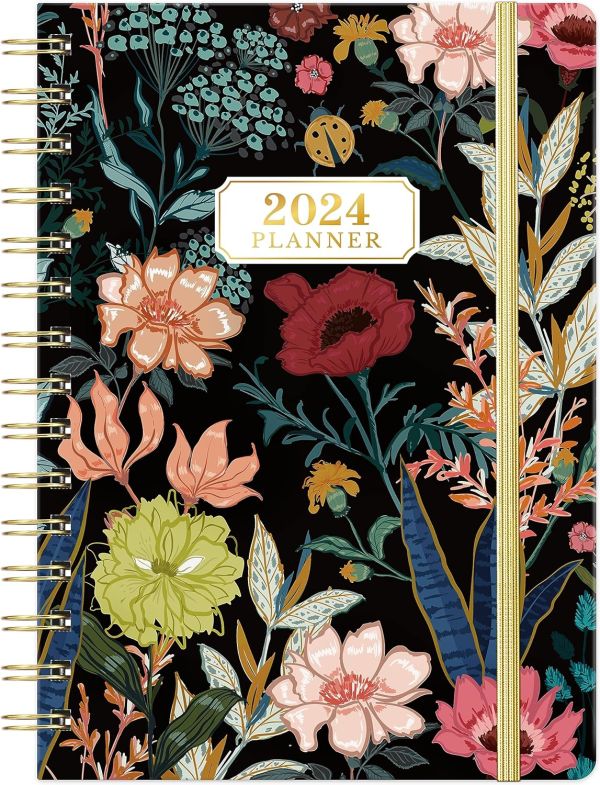 Floral 2024 Planner - Vibrant Flowers, January 2024 - December 2024, Weekly and Monthly Organizer with Tabs, Hardcover, Elastic Closure, Twin-Wire Binding, Back Pocket